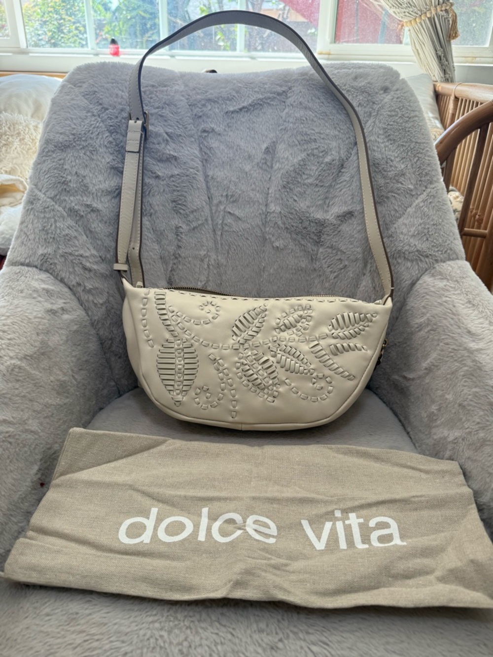 NEW Dolce Vita Cream Shoulder Bag with Leaf Appliqué w/ dust bag